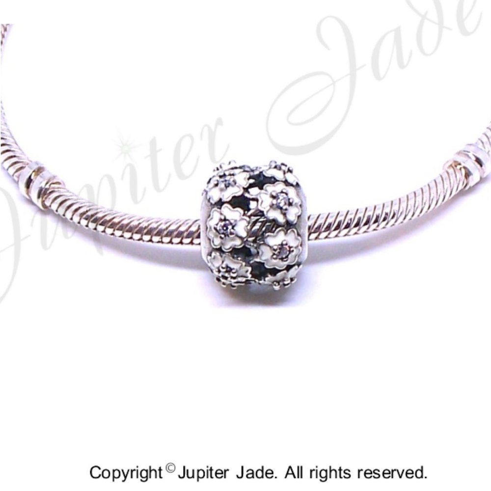 925 Sterling Silver CZ Enamel Flower Filigree Bracelet Charm - Pandora Style